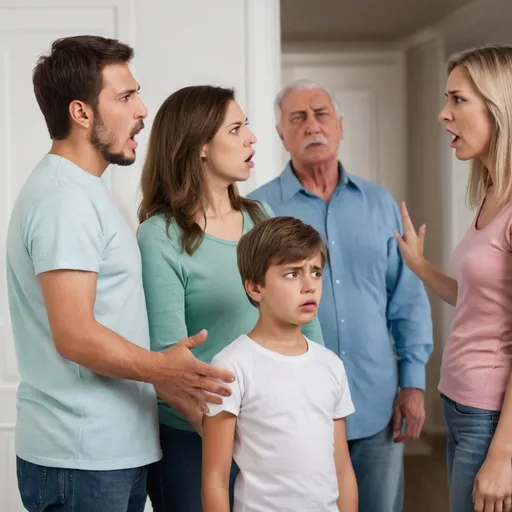 Prompt: Parents (mom and dad) arguing with their son and daughter. The son and the daughter are standing in front of the parents (parents on the left side of the picture and the son and daughter on the right side of the picture)