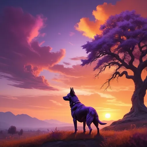 Prompt: dog hybrid creature, (grazing peacefully) at sunset, (vibrant orange and purple hues) reflecting off fluffy clouds, warm glow illuminating the landscape, soft silhouette of a tree in the background, tranquil ambiance, (highly detailed, vivid colors), serene setting, (4K resolution), captivating scene evoking a sense of wonder and calm.