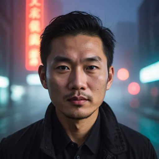 Prompt: Neon,city, fog, closed up portrait of an asian man in dark clothes