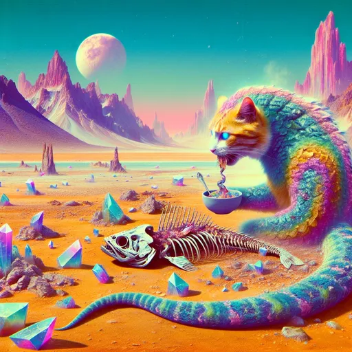 Prompt: Cat-snake hybrid in desert eating a rotten fish surrounded by rocks and diamonds, 70s sci fi art