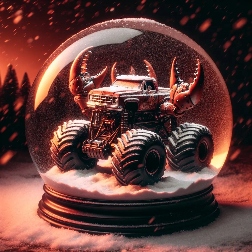 Prompt: A monster truck shaped like a crab inside of a snow globe, warm saturation