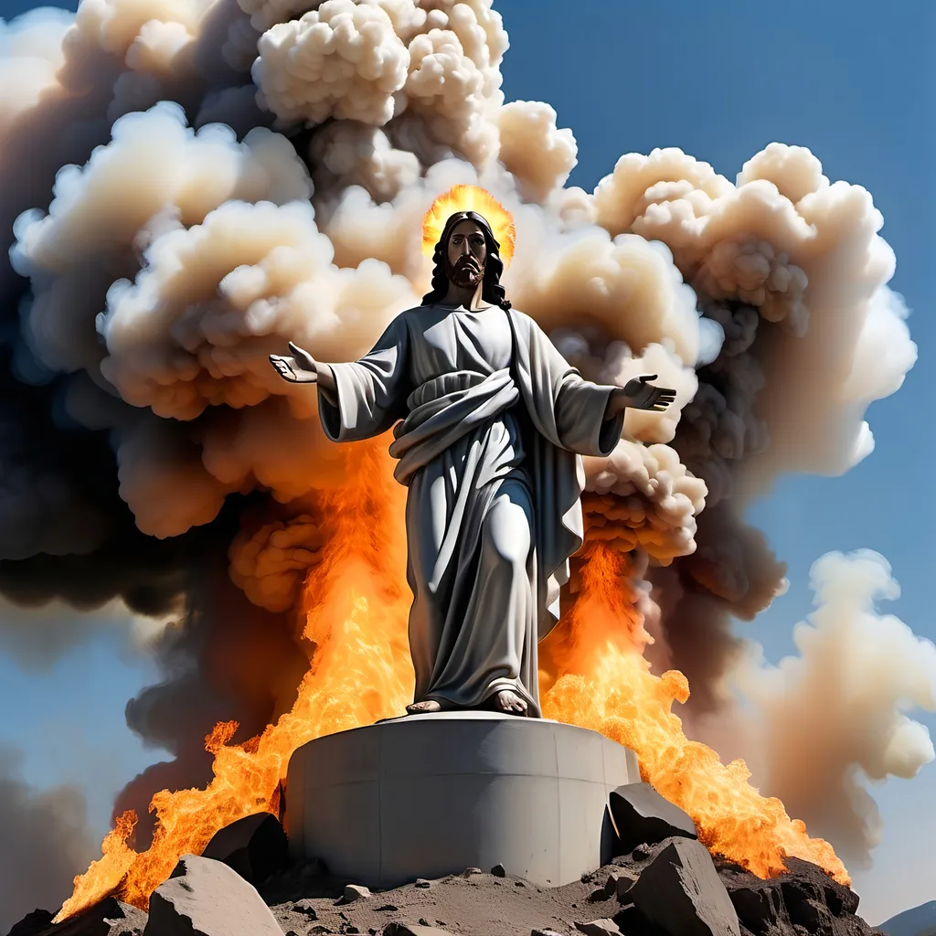 Prompt: a statue of jesus is on fire on a mountain and a large cloud of smoke in the background, excessivism, apocalyptic, a statue, flames