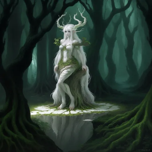 Prompt: White haired dryad, fantasy art, ancient forest