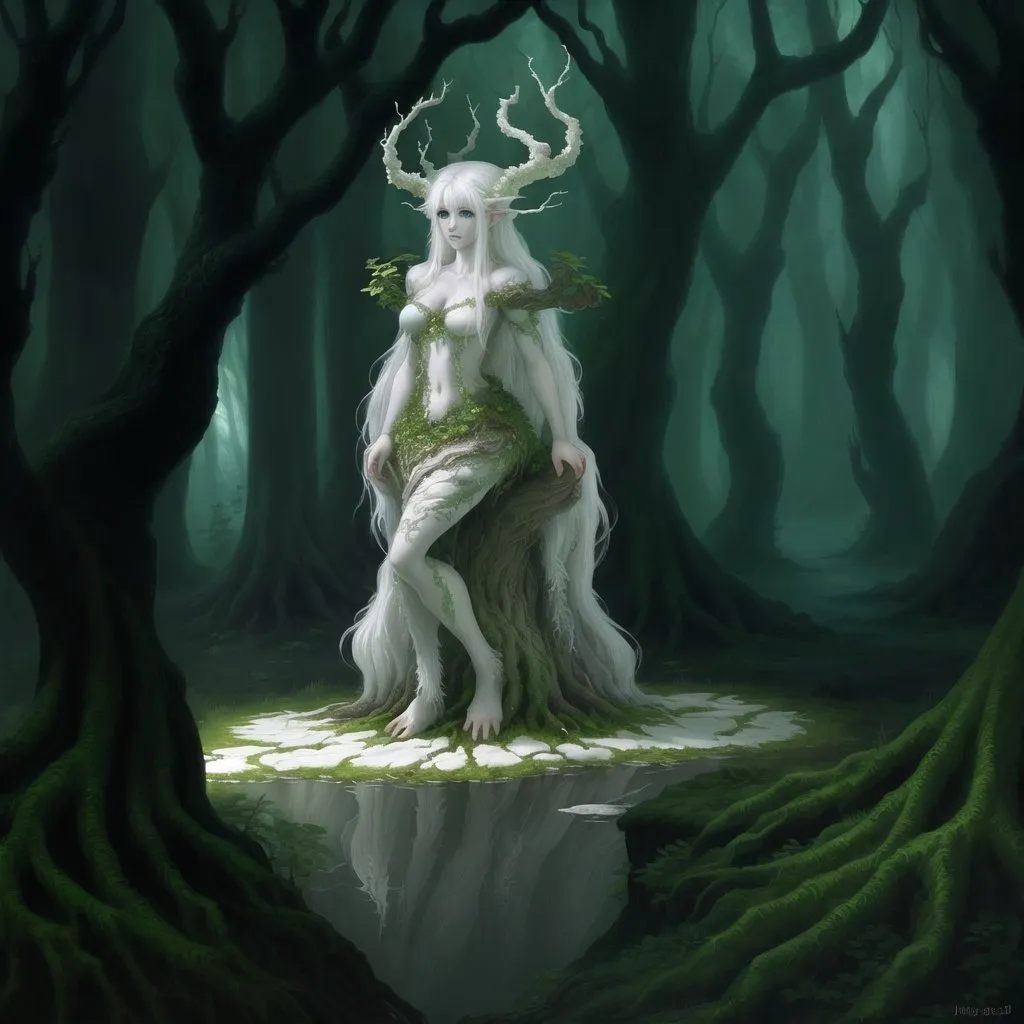 Prompt: White haired dryad, fantasy art, ancient forest