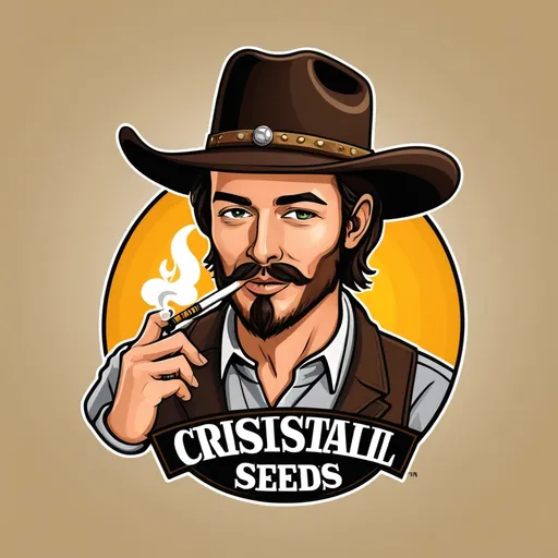 Prompt: Can you design some logos for Cristal Seeds Bank with content about cannabis seeds? I want the logo to have a visual of a man wearing a cowboy hat and smoking a pipe.