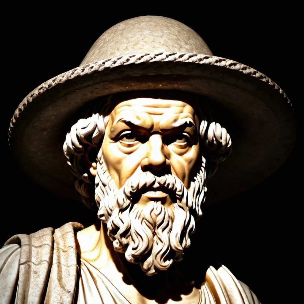 Prompt: socrates con sombrero dark photo 
