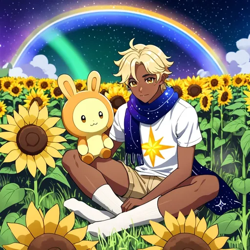 Prompt: Aether Genshin Impact male, slight dark brown skin rainbow hair about age twenty. No beard. On rainbow scarf says "Sunshine Star (raul gnar) and Aether sitting pose with shooting star plushy in a field of sunflowers with a sunflower plushy under the Northern Lights with a shirt on and short shorts with thigh high socks one person 