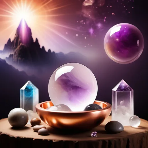 Prompt: create a hero banner for my website homepage:
image description: use spiritual aura in background, use products like clear quartz towers and crystal balls, copper healing bowl in image depiction for banner, use clour scheme of a premium product and make it look like exotic website 

remove all text