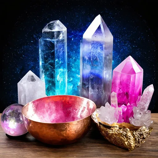 Prompt: create a hero banner for my website homepage:
image description: use spiritual aura in background, use products like clear quartz towers and crystal balls, copper healing bowl in image depiction for banner, use clour scheme of a premium product of pink indigo shade

remove all text and watermarks