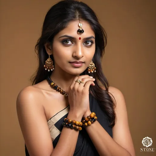 Prompt: stone jewelery magazine cover page. a middle class indian model wearing stone tigers eye quartz bracelet and having a ethnic spiritual look. don't add text to cover page, generate plain image only.
with a light touch of brown in the background. use tiger eye bracelet and items only on model