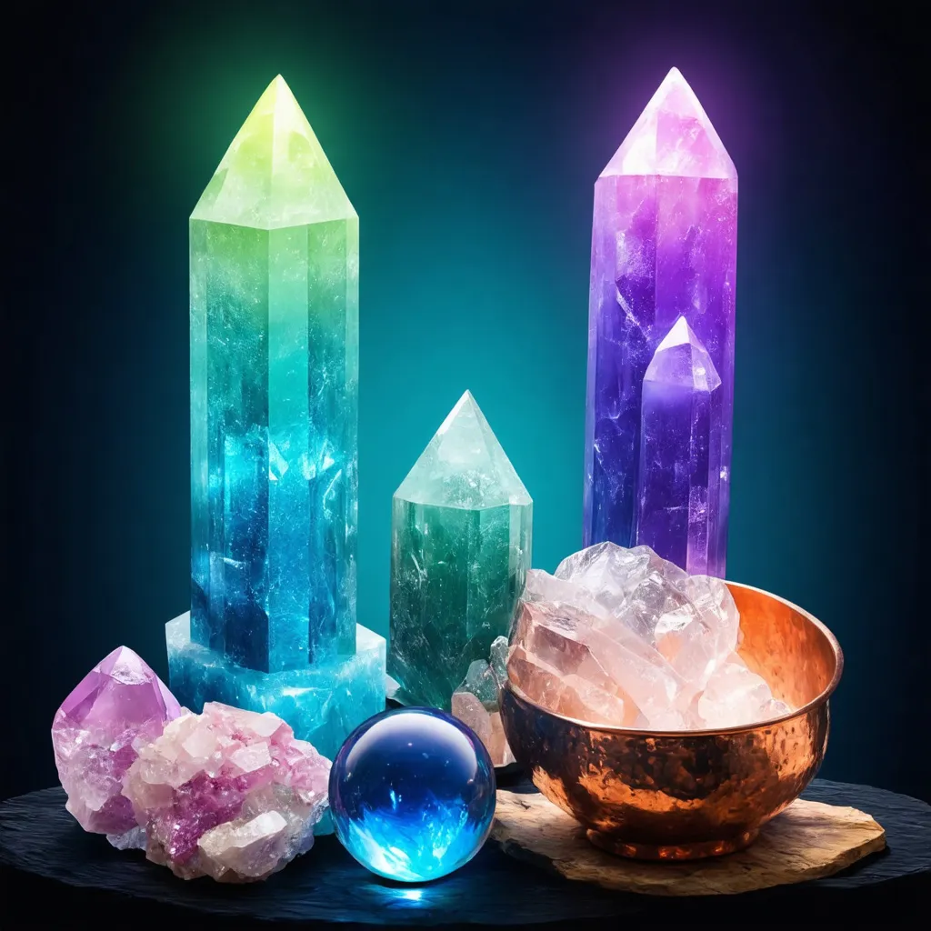 Prompt: create a hero banner for my website homepage:
image description: use spiritual aura in background, use products like clear quartz towers and crystal balls, copper healing bowl in image depiction for banner, use clour scheme of a premium product and make it look like exotic website. make it cool in colours. use real images of crystals. aspect ratio landscape 16:9

remove all text and watermarks