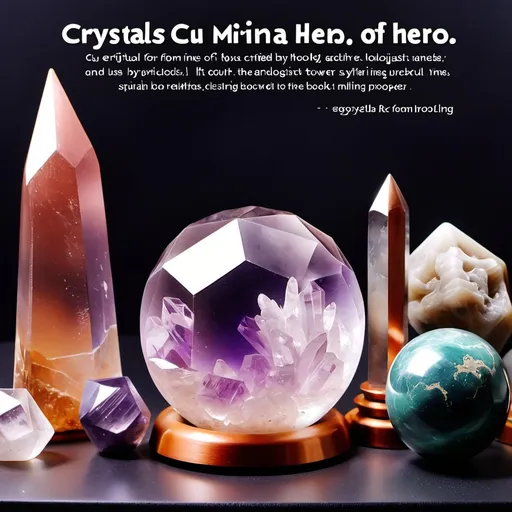 Prompt: create a hero banner for my website homepage:
tagline: crystals certified by geologists of IIT Roorkee
text: sourced straight from mines across the globe
image description: use spiritual aura in background, use products like clear quartz towers and crystal balls, copper healing bowl in image depiction for banner