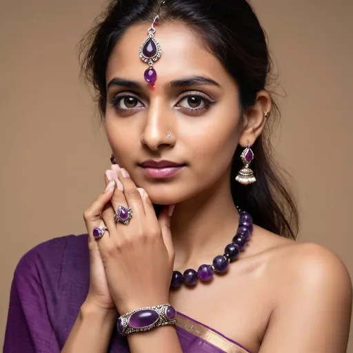 Prompt: stone jewelery magazine cover page. a middle class indian model wearing stone amethyst bracelet and having a ethnic spiritual look. don't add text to cover page, generate plain image only.
with a light touch of light shade of purple in the background. use amethyst bracelet and items only on model