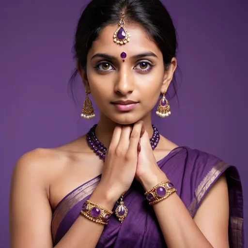 Prompt: stone jewelery magazine page. a middle class indian model wearing stone amethyst bracelet and having a ethnic spiritual look. don't add text to cover page, generate plain image only.
with a light touch of light shade of purple in the background. use amethyst bracelet and items only on model