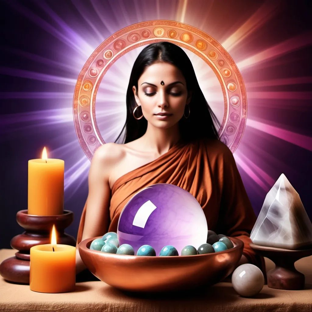 Prompt: create a hero banner for my website homepage:
image description: use spiritual aura in background, use products like clear quartz towers and crystal balls, copper healing bowl in image depiction for banner, use clour scheme of a premium product and make it look like exotic website. make it cool in colours

remove all text