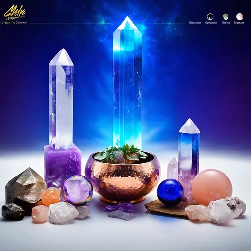 Prompt: create a hero banner for my website homepage:
image description: use spiritual aura in background, use products like clear quartz towers and crystal balls, copper healing bowl in image depiction for banner, use clour scheme of a premium product and make it look like exotic website. make it cool in colours. use real images of crystals. aspect ratio landscape 16:9

remove all text