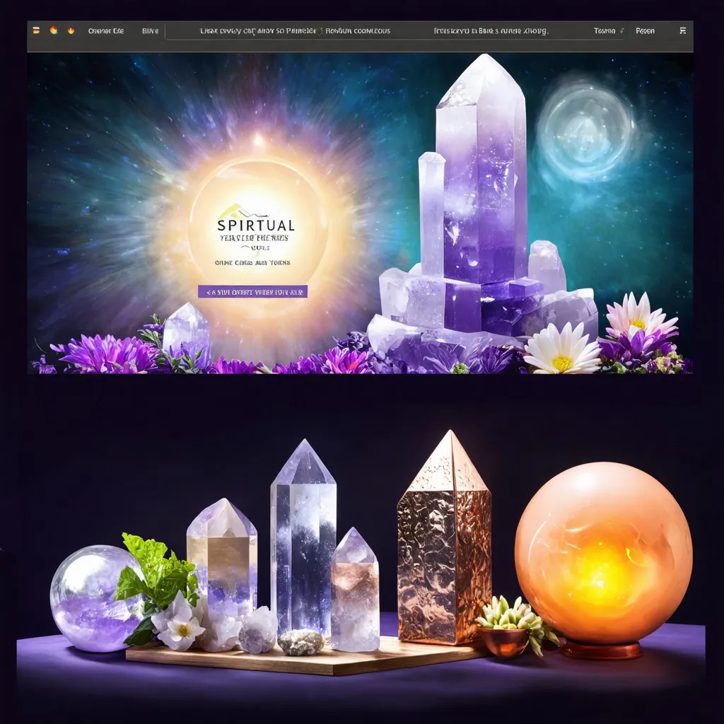 Prompt: create a hero banner for my website homepage:
image description: use spiritual aura in background, use products like clear quartz towers and crystal balls, copper healing bowl in image depiction for banner, use clour scheme of a premium product and website

remove all text and watermarks