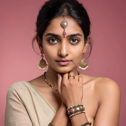 Prompt: stone jewelery magazine cover page. a middle class indian model wearing stone pyrite bracelet and having a ethnic spiritual look. don't add text to cover page, generate plain image only.
with a light touch of pink in the background. use rose quartz bracelet and items only on model