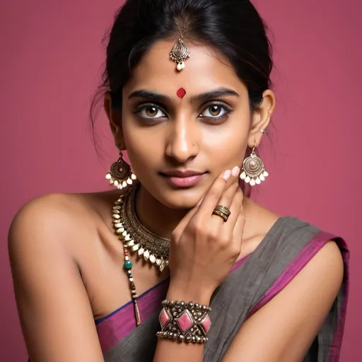 Prompt: stone jewelery magazine cover page. a middle class indian model wearing stone pyrite bracelet and having a ethnic spiritual look. don't add text to cover page, generate plain image only.
with a light touch of pink in the background