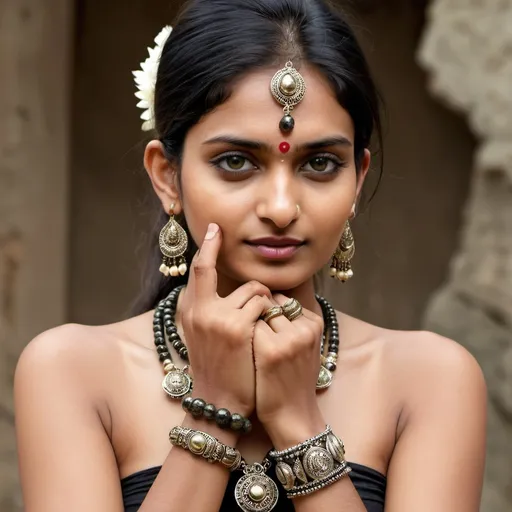 Prompt: stone jewelery magazine cover page. a middle class indian model wearing stone pyrite bracelet and having a ethnic spiritual look. don't add text to cover page, generate plain image only
