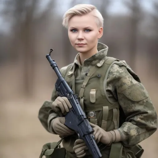 Prompt: Polish female soldier with short blonde hair 