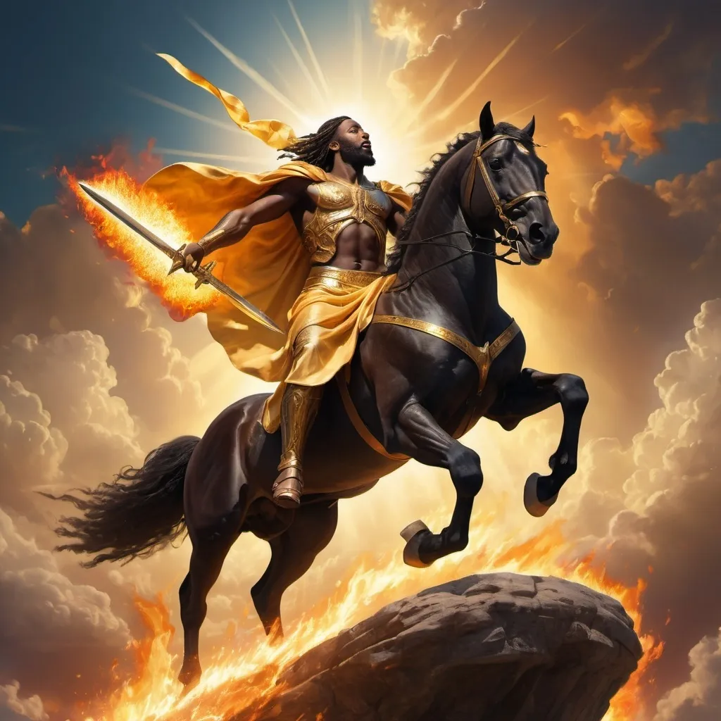 Prompt: Create an image of a black man on a flaming horse, carrying a golden sword and a golden shield come out of the sky With Black Jesus behind him 