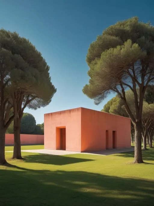 Prompt: Secluded Geometric Building creation of architect Luis Barragán, Peter Märkli painting style,  detailed architecture, warm hues, soft natural lighting, high quality, detailed.
In the field broods one structure. Secluded Geometric Building is a gnomic assemblage of geometric forms, somewhere between an Aldo Rossi architecture and Valerio Olgiati a mausoleum. 
Aldo Rossi painting style, setting sun, detailed architecture, lush green and blue surroundings, warm hues, soft natural lighting, high quality, detailed.
Chimerism, Divisare
