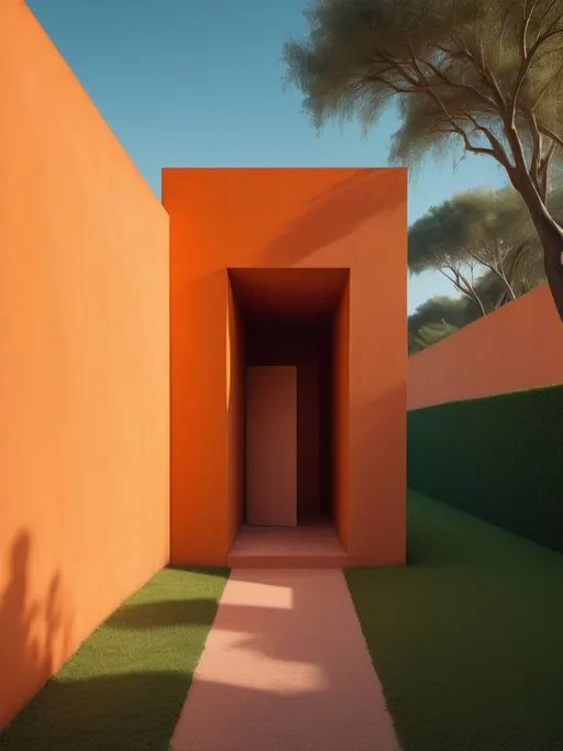 Prompt: Secluded Geometric Building creation of architect Luis Barragán, Peter Märkli painting style,  detailed architecture, warm hues, soft natural lighting, high quality, detailed.
In the field broods one structure. Secluded Geometric Building is a gnomic assemblage of geometric forms, somewhere between an Aldo Rossi architecture and Souto de Mourai a mausoleum. 
Souto de Moura painting style, setting sun, detailed architecture, lush green and blue surroundings, warm hues, soft natural lighting, high quality, detailed.
Chimerism, Divisare
