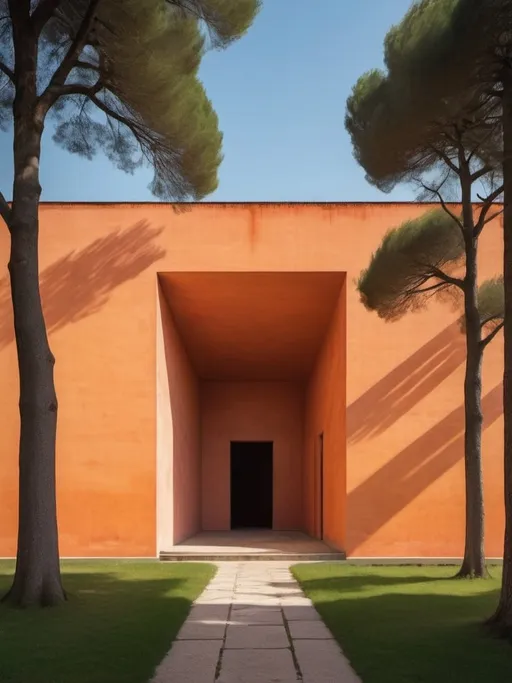 Prompt: Secluded Geometric Building creation of architect Luis Barragán, Peter Märkli painting style,  detailed architecture, warm hues, soft natural lighting, high quality, detailed.
In the field broods one structure. Secluded Geometric Building is a gnomic assemblage of geometric forms, somewhere between an Aldo Rossi architecture and Valerio Olgiati a mausoleum. 
Aldo Rossi painting style, setting sun, detailed architecture, lush green and blue surroundings, warm hues, soft natural lighting, high quality, detailed.
Chimerism, Divisare
