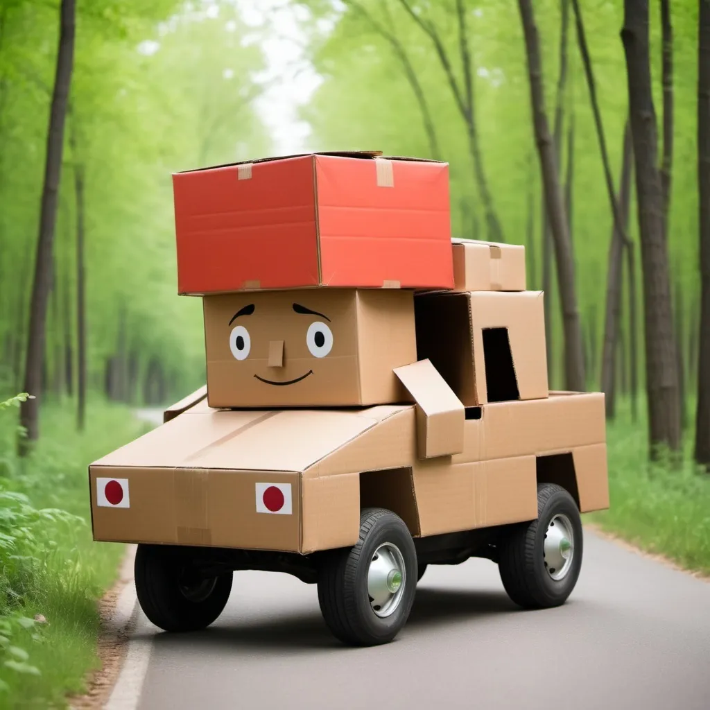 Prompt: man made from boxes or cartoons that is riding in a boxy car in a nature