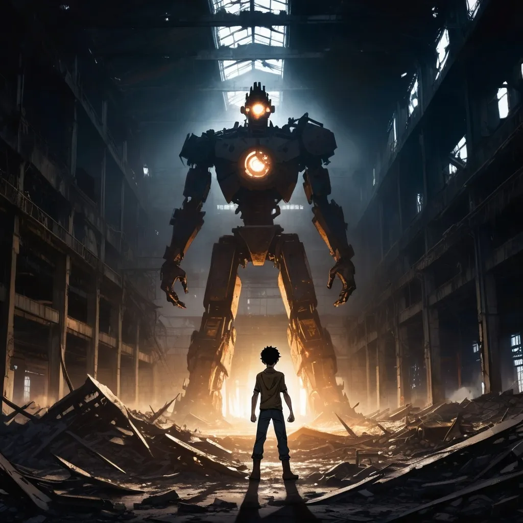 Prompt: A tall boy stands in the center of a dark, destroyed factory, his figure illuminated by the dim, flickering light filtering through the shattered windows. His left hand, partially demolished, hangs by his side, while his right hand is raised high, clutching a formidable Sudarshan Chakra-like weapon, poised to attack. The weapon gleams with a mysterious energy, casting an eerie glow on the boy's determined face. Debris and remnants of machinery litter the ground, emphasizing the desolation of the once-bustling factory. The scene exudes a sense of power, resilience, and impending action. In manga style