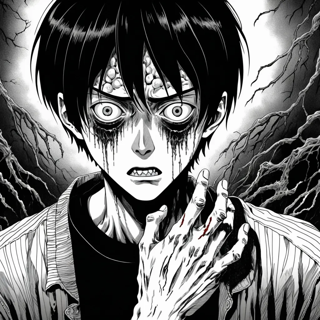 Prompt: (manga scene), (Junji Ito style), intense expression, 22-year-old boy, piercing death stare, severely damaged hand, dark and unsettling atmosphere, intricate line work, high contrast shading, moody and dramatic tones, richly detailed background reflecting horror elements, ultra-detailed, captivating storytelling visuals.