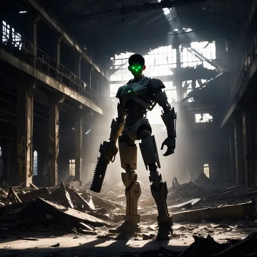 Prompt: A tall boy stands in the center of a dark, destroyed factory, his figure illuminated by the dim, flickering light filtering through the shattered windows. His left hand, partially demolished, hangs by his side, while his right hand is raised high, clutching a formidable Sudarshan Chakra-like weapon, poised to attack. The weapon gleams with a mysterious energy, casting an eerie glow on the boy's determined face. Debris and remnants of machinery litter the ground, emphasizing the desolation of the once-bustling factory. The scene exudes a sense of power, resilience, and impending action.