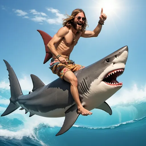 Prompt: a hippie riding a shark
