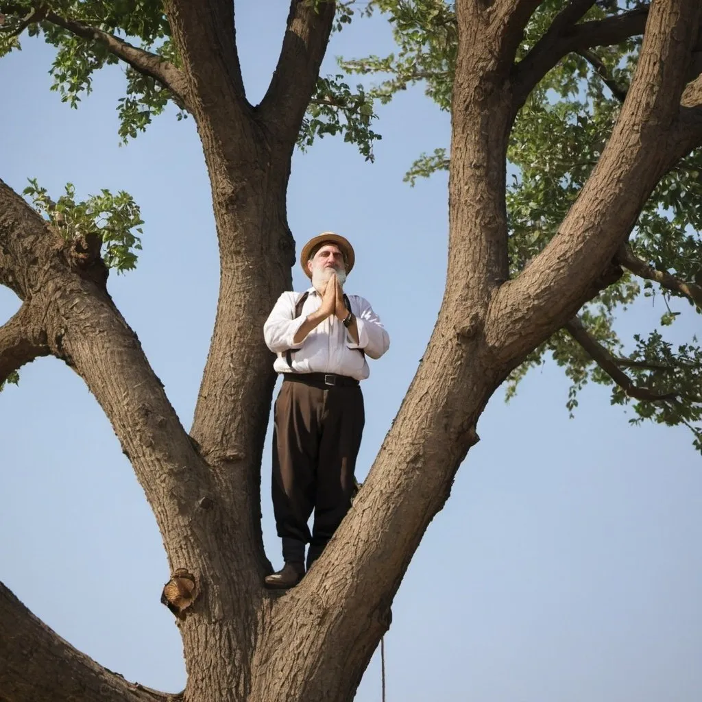 Prompt: a jewish carftman is praying on the top of the tree