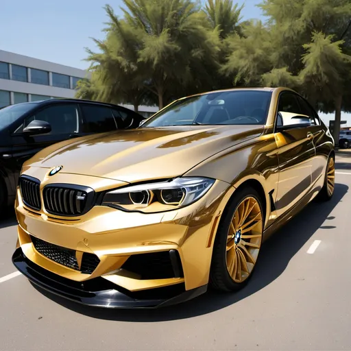 Prompt: a gold glossy shinny shines in the sun bmw