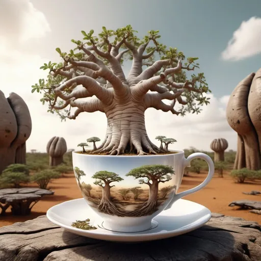 Prompt: Surreal fantasy baobab tree in tea cup. Surrealism. 8K. UHD. Photo realistic. Hyper detailed.