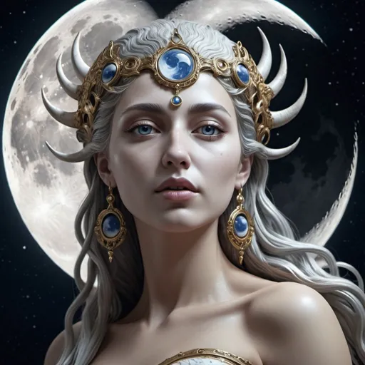 Prompt: Goddess of moon. Surrealism. 8K. UHD. Photo realistic. Hyper detailed.