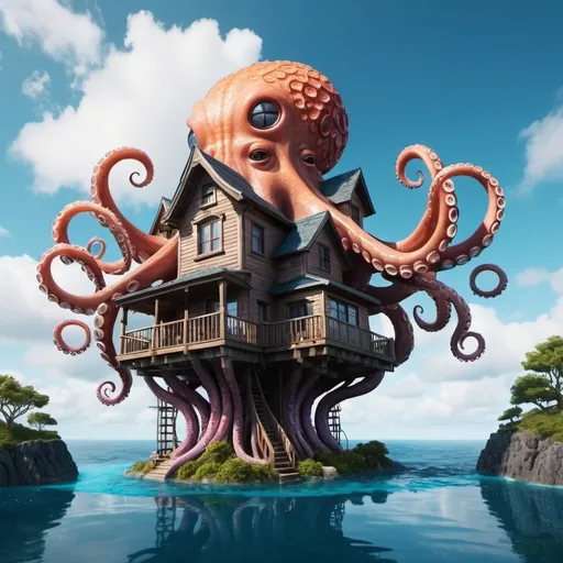 Prompt: 8K, UHD, Super detailed. Octopus house on flying sky island. Surreal.