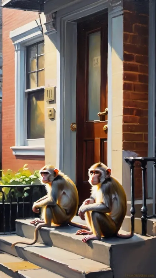 Prompt: Monkeys sitting on doorstep in New York. Morning. Soft lighting. Oil painting. 