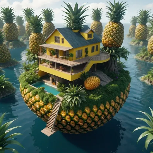 Prompt: 8K, UHD, Super detailed, Pineapple house on floating island. Surreal