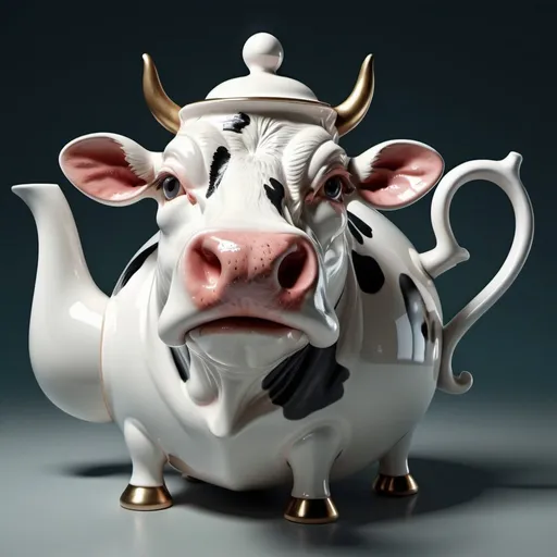 Prompt: Surreal fantasy cow teapot. Surrealism. 8K. UHD. Photo realistic. Hyper detailed.