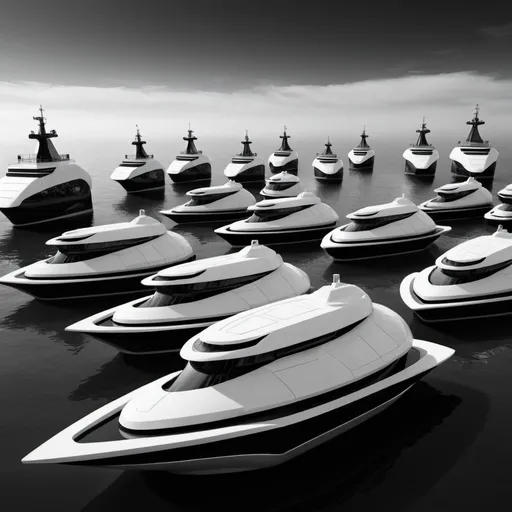 Prompt: futuristic port boats and ships black and white