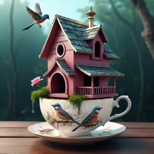 Prompt: Surreal fantasy birdhouse in tea cup. Surrealism. 8K. UHD. Photo realistic. Hyper detailed.