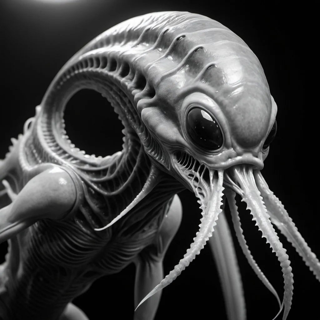 Prompt: 8K, UHD, ultra realistic. Alien sea creature. Black and white. 