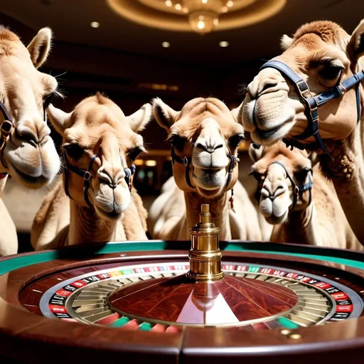Prompt: Camels playing roulette. UHD. Photorealistic. 8K. Hyper detailed.