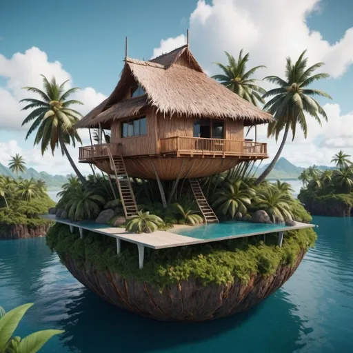 Prompt: 8K, UHD, Super detailed, Coconut house on floating island. Surreal