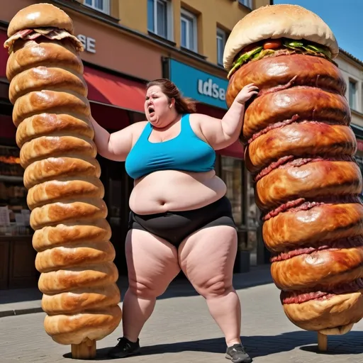 Prompt: obese woman fighting a giant kebab. uhd. hdr. 8k. 