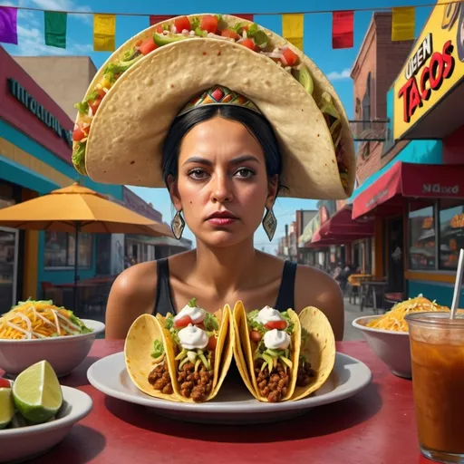 Prompt: Queen of Tacos. Surrealism. 8K. UHD. HDR. Photo realistic. Hyper detailed.