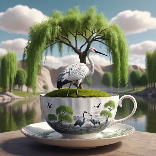 Prompt: Surreal fantasy willow tree and cranes in tea cup. Surrealism. 8K. UHD. Photo realistic. Hyper detailed.